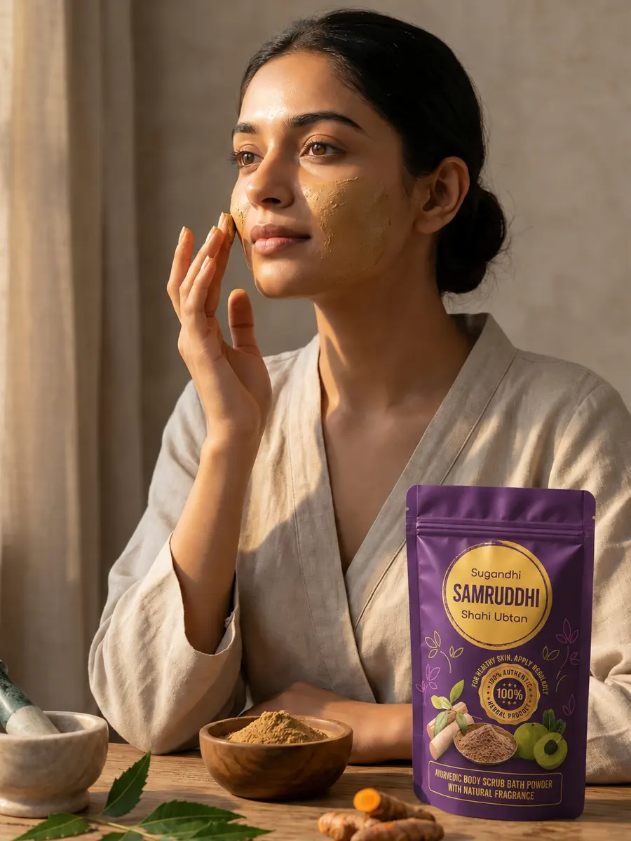 A person applying a face mask beside a Samruddhi Shahi Ubtan pouch