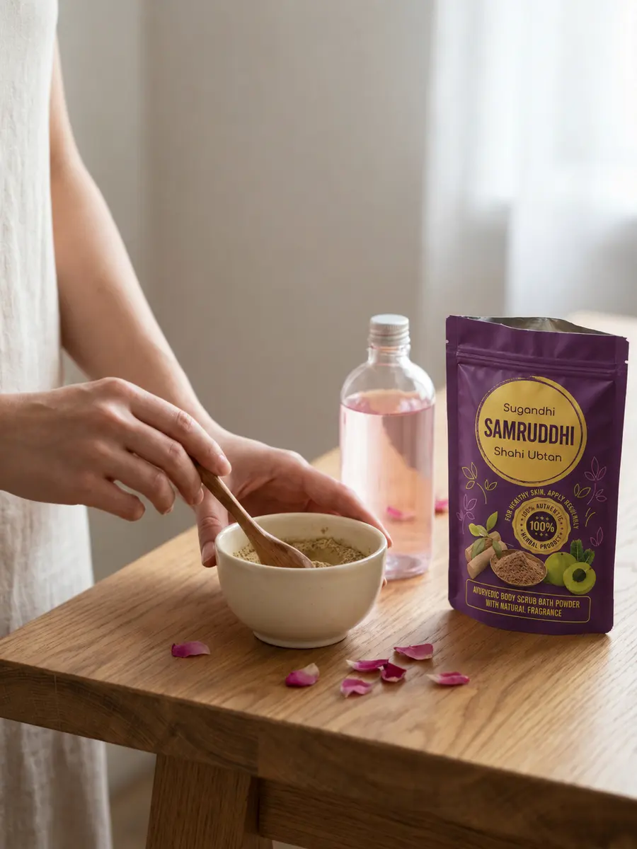 A bowl and spoon beside a Samruddhi Shahi Ubtan pouch